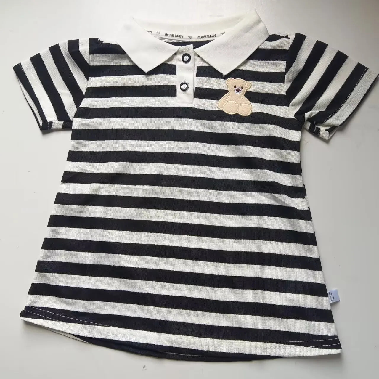 Girls Stripe Bear Polo Dress Summer Short Sleeve Flip Collar Baby Academy Style Trendy Dress Girls Aged 2-10