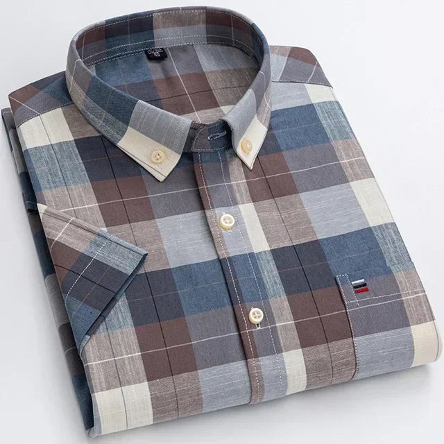 2026 100% Pure Cotton Men's Oxford Short Sleeve Square Collar Soild Plaid Striped Summer Casual Shirts Single Pocket  Shirt