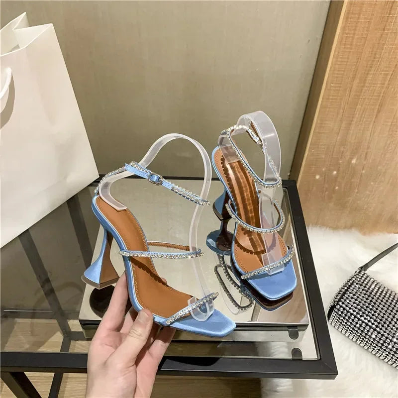 Women's Sandals  European and American Summer New High Heels Banquet Fashion Rhinestone Chain Open Toe Fine Heel Roman Sandals