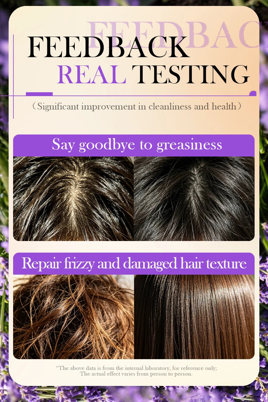 Lavender shampoo is refreshing, oil controlling, and smooth for hair, solving the problem of oily scalp without silicone oil res