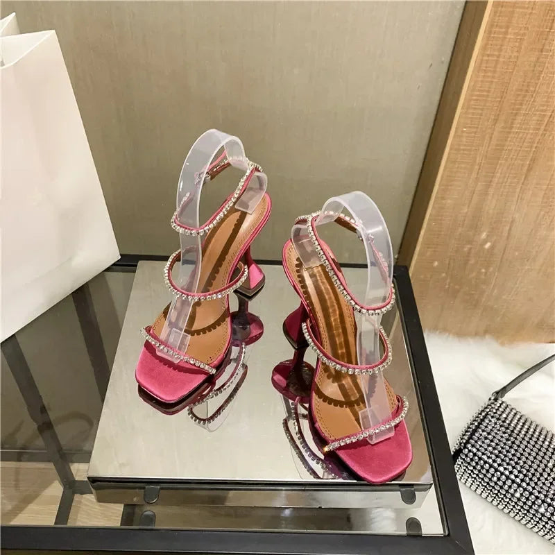Women's Sandals  European and American Summer New High Heels Banquet Fashion Rhinestone Chain Open Toe Fine Heel Roman Sandals