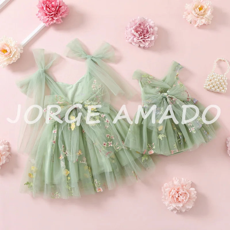 2026 Easter Kids Dress Girl Summer Dress Floral Bow Sleeveless Dance Performance Dress Girls Clothes E1236