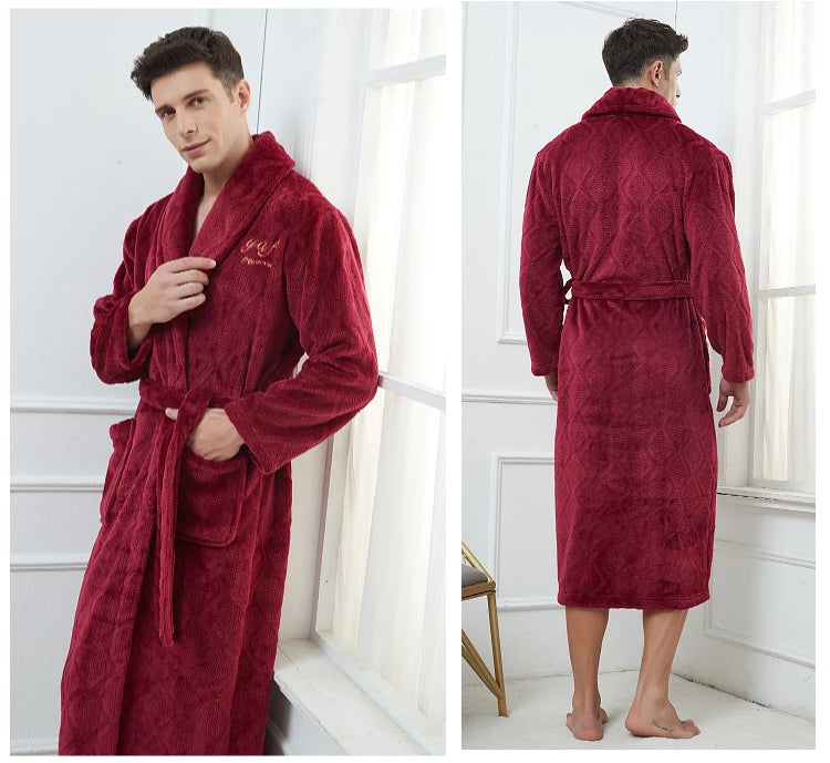 Plus Size 3XL 4XL Men Flannel Robe Winter Thickened Sleepwear Kimono Bathrobe Gown Warm Coral Fleece Loose Home Wear Nighwtear