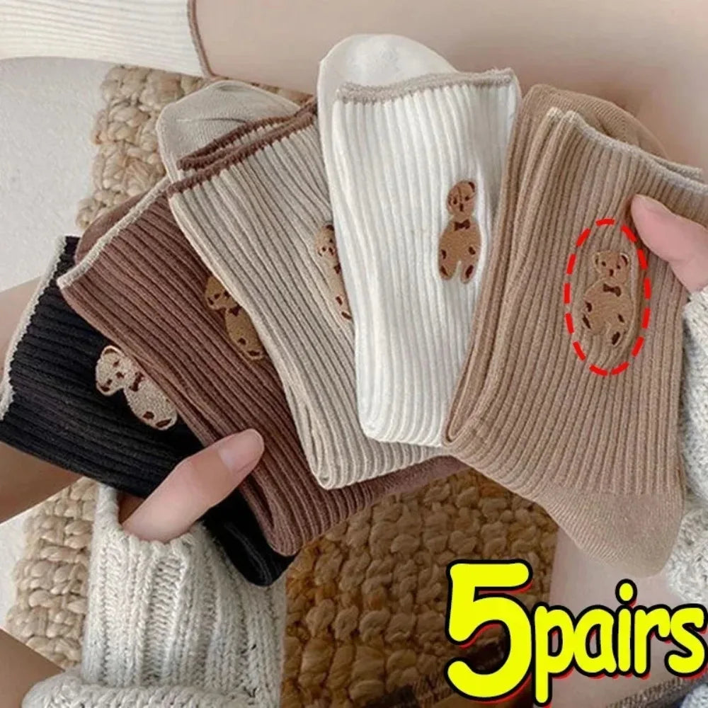 5pairs Cartoon Bear Socks Soft Cotton Socks Autumn Coffee Stockings Kawaii Women Socks Korean Casual Stockings Women Hosiery