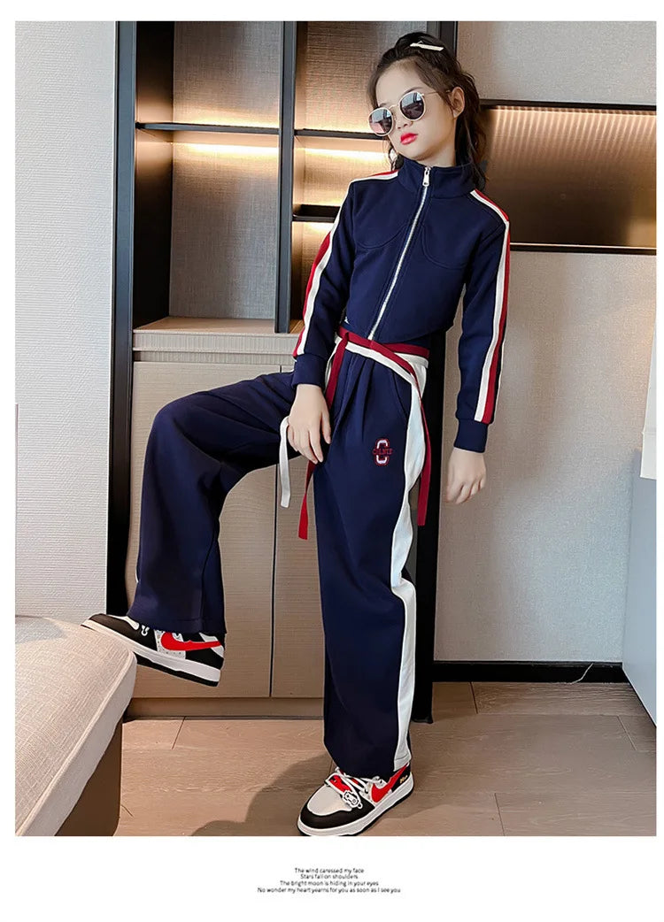Childrens teenager girls Clothing Set Casual Sportwear Striped Short Top+Wide leg Pant 2pcs Girls Elastic Waist Trousers 4-15