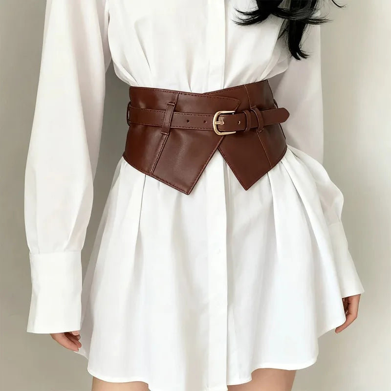 Fashion Decorative Wide Belts Women Black Coffee Elastic PU Waistband Classic Pin Buckle Belts Corset Cincher for Dresses Coats