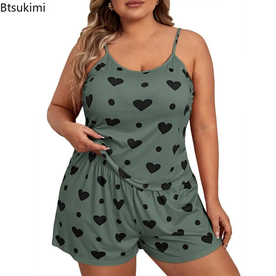 2026 Summer Women's Heart Print Pajama Set Sleeveless Elastic Waist Shorts 2 Pieces Female Sleepwear Nightwear XL-5XL Plus Size