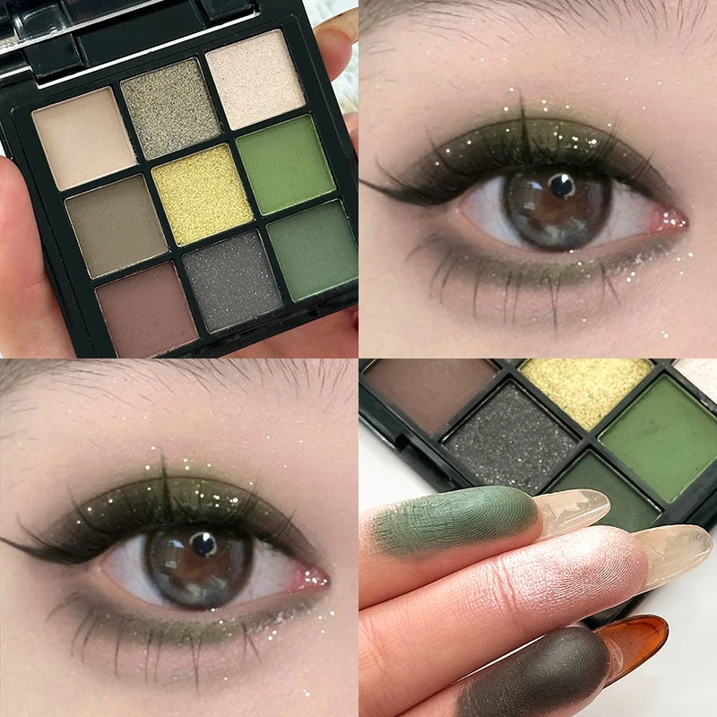9 Color Eyeshadow Palette Olive Green Smoky Eye Look Pearlescent Shimmer Matte Eyeshadow Powder Makeup Palette Glitter Cosmetics