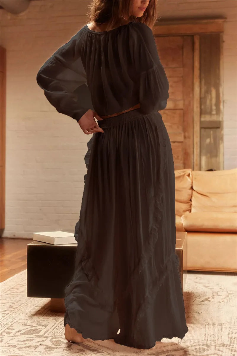 Womens Sexy Pajama Set Lace See Through 2 Piece Lounge Sets Long Sleeve Shirts and Wide Leg Pants Vintage Pj Sets Sleepwear