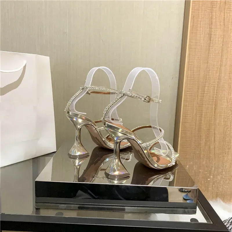 Women's Sandals  European and American Summer New High Heels Banquet Fashion Rhinestone Chain Open Toe Fine Heel Roman Sandals