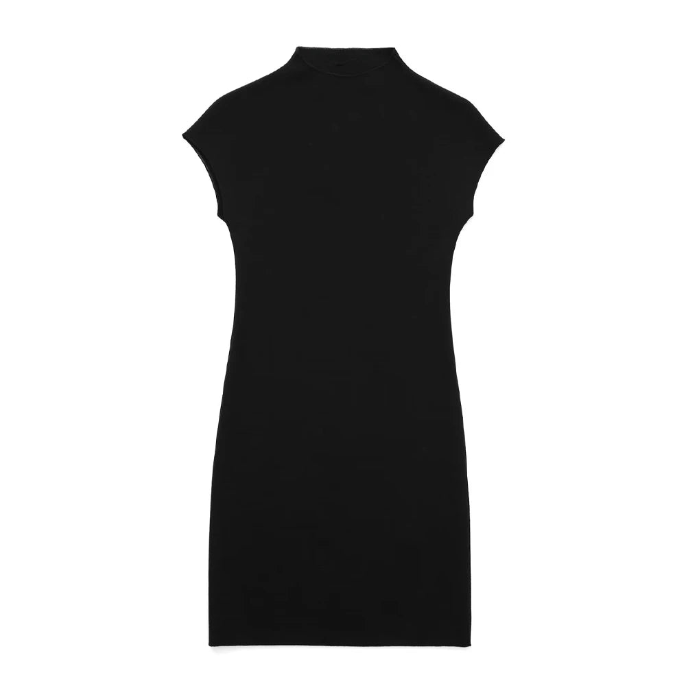 TRZA Women Fashion Stretch Knit Mini Dress Vintage High Neck Sleeveless Female Dresses Vestidos Mujer