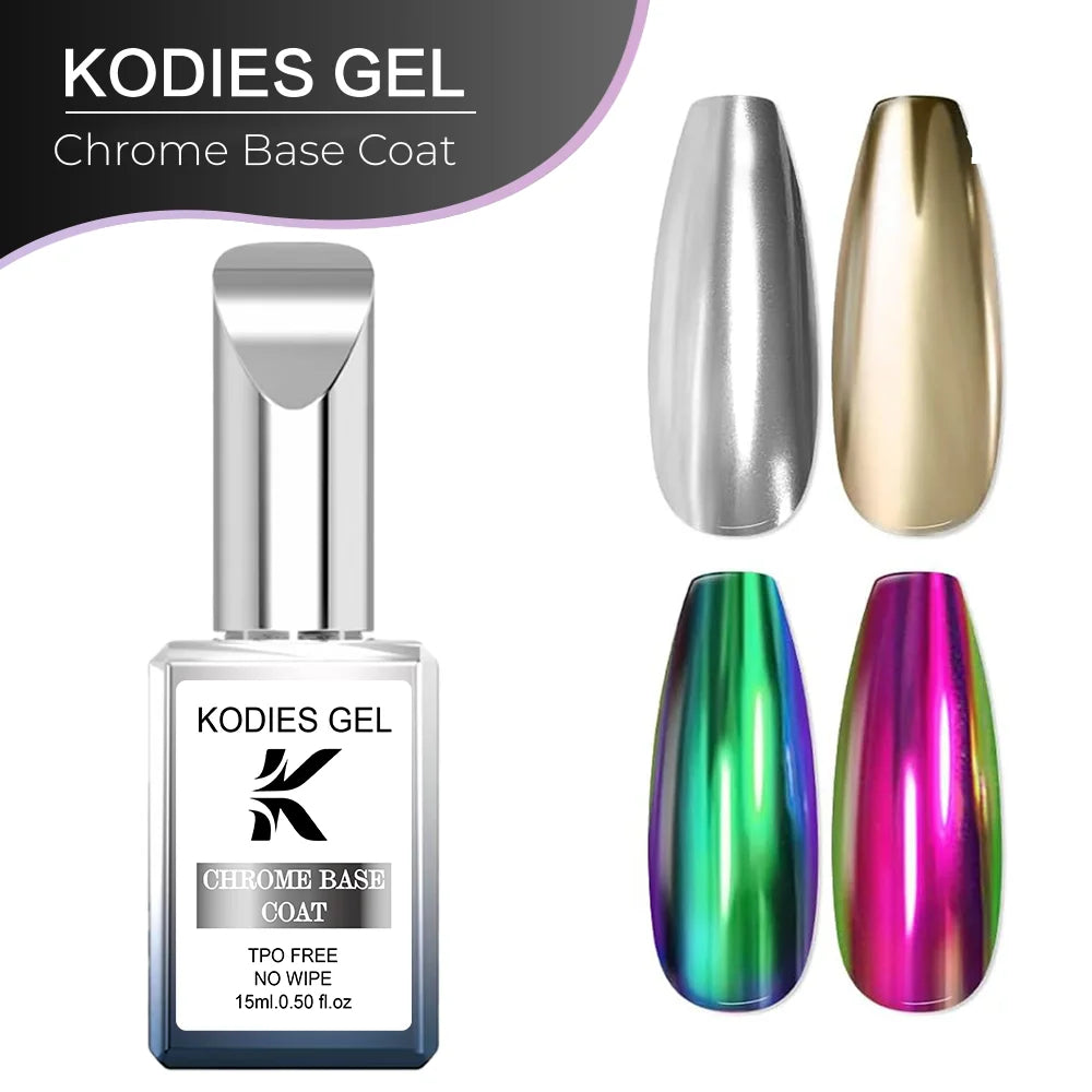 KODIES GEL Clear Chrome Base Coat Metallic Mirror Painting Gel Base No Stick Chrome Powder Semi Permanent UV Manicure Nails Art