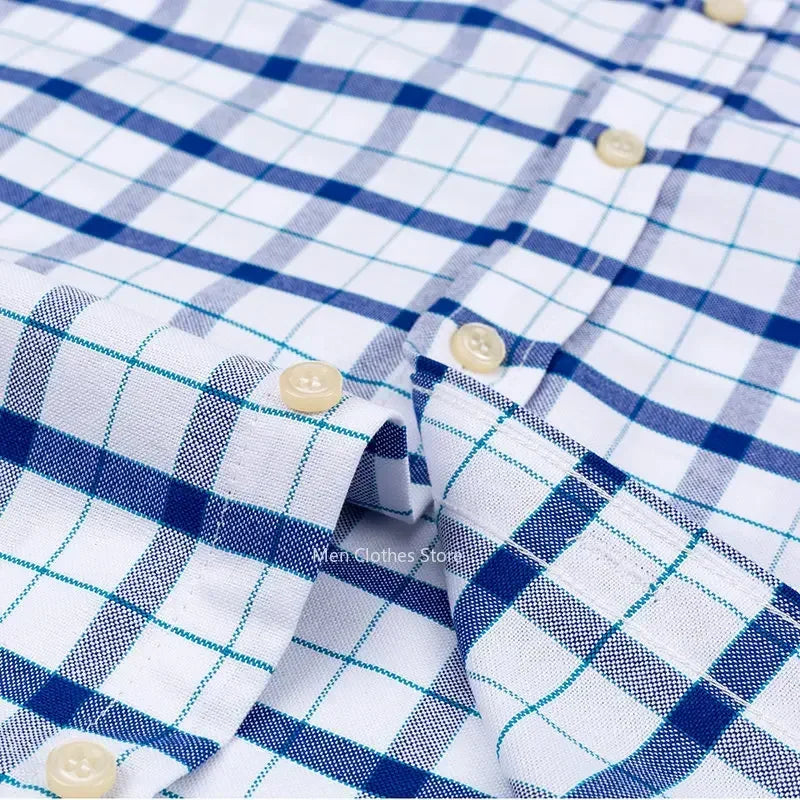 2026 100% Pure Cotton Men's Oxford Short Sleeve Square Collar Soild Plaid Striped Summer Casual Shirts Single Pocket  Shirt