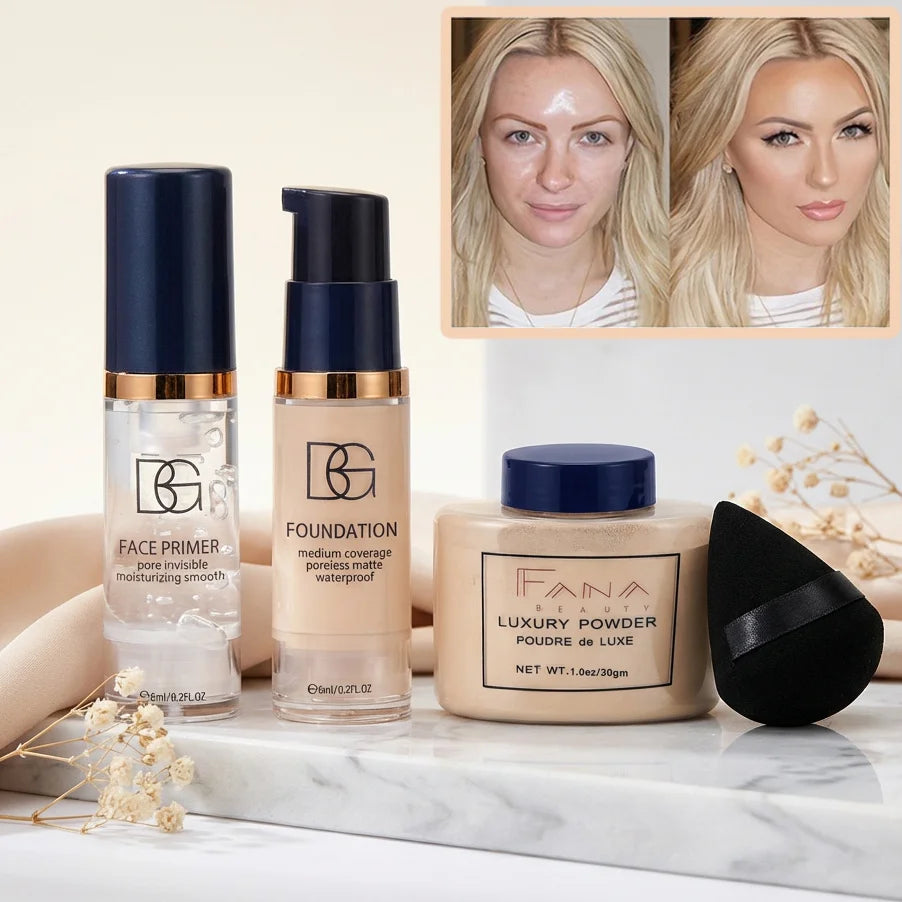 Marie Set de Maquillaje Facial de 4 Piezas — Primer Suavizante, Base Mate, Polvo Fijador con Borla, Paquete Impermeable de Larga Duración**