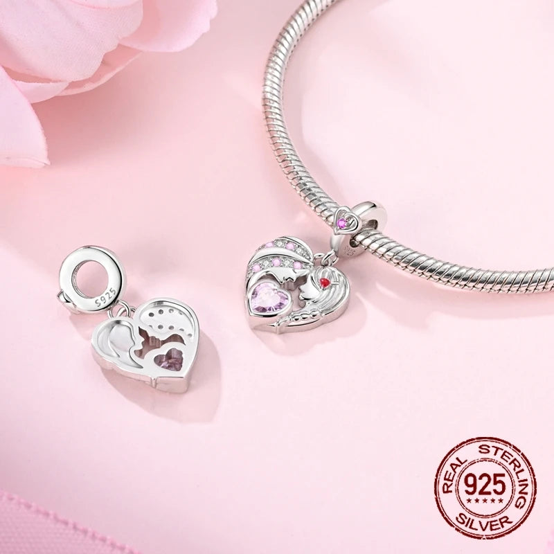 Mother Daughter Love Charms 925 Sterling Silver Family Dangle Pendant Fit Bangle Bracelet Necklace DIY Jewelry