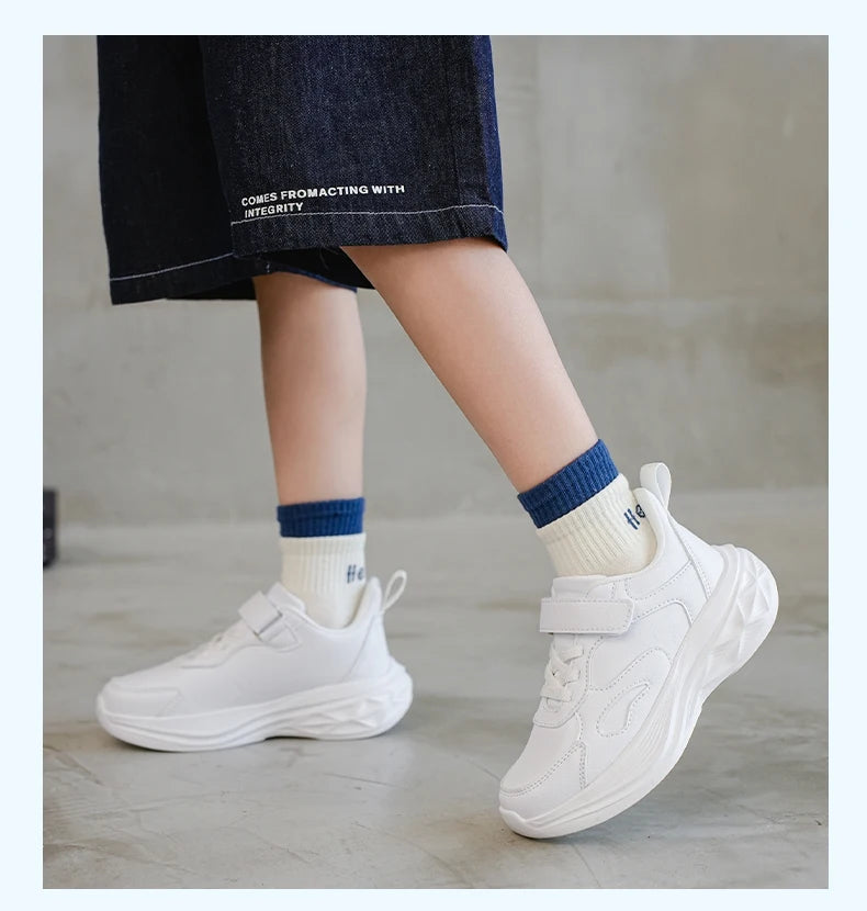 Kids White Leather Sneakers Lightweight Non-slip Casual Running Shoes for School Student Walking Outdoor Children Tennis