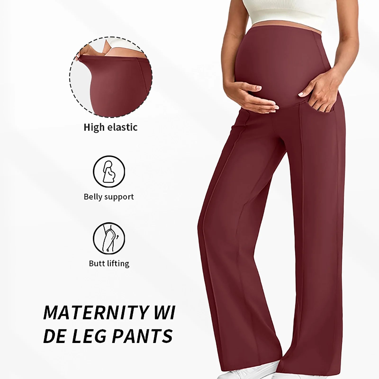 Maternity Pants Over The Belly Yoga Dress Elastic Waistband Stretchy Wide Leg Work Pregnancy Trousers with Pockets Sportswear