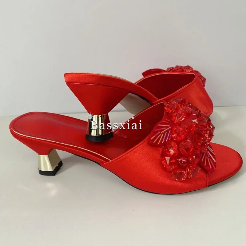 Red Silk Slingback Sandals with Unique Beaded Sequin Flower Design Strange Heel Summer Mules for Women
