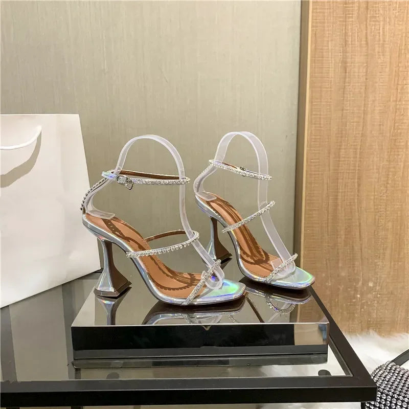 Women's Sandals  European and American Summer New High Heels Banquet Fashion Rhinestone Chain Open Toe Fine Heel Roman Sandals