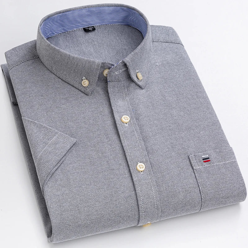2026 100% Pure Cotton Men's Oxford Short Sleeve Square Collar Soild Plaid Striped Summer Casual Shirts Single Pocket  Shirt