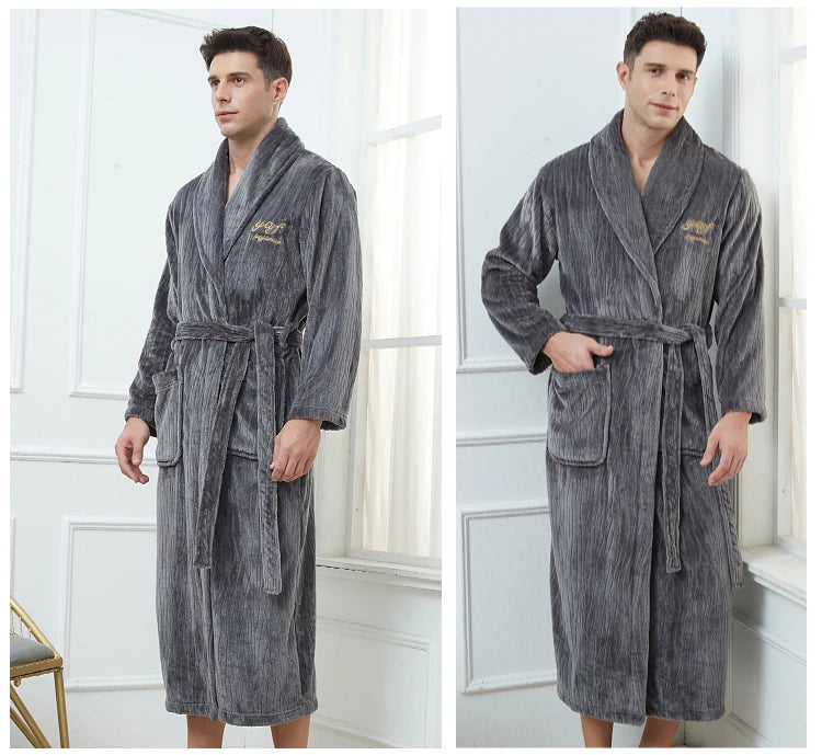 Plus Size 3XL 4XL Men Flannel Robe Winter Thickened Sleepwear Kimono Bathrobe Gown Warm Coral Fleece Loose Home Wear Nighwtear