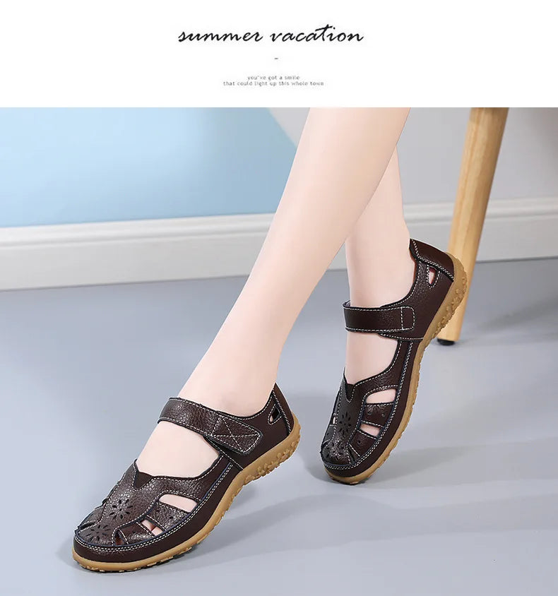 Sandals Summer Breathable Leather Slippers Women Fashion Non-Slip Casual Roman Shoes Ladies Sandals on Sale Off White Shose