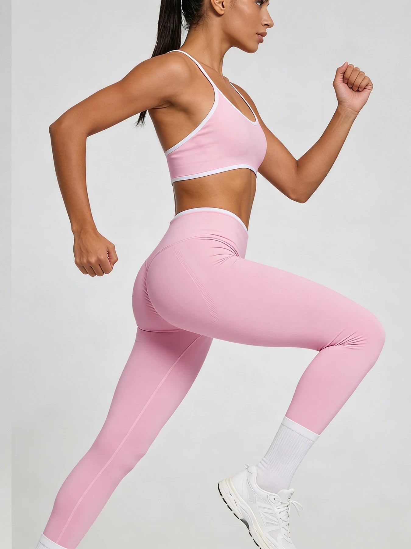 Women 2 Piece Yoga Set Black White Contrast Trim Thin Strap Sports Bra & High Waist Leggings Seamless Workout Gym Fitness Outfit