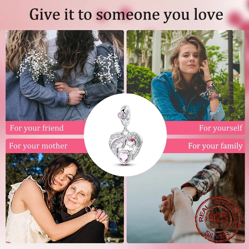Mother Daughter Love Charms 925 Sterling Silver Family Dangle Pendant Fit Bangle Bracelet Necklace DIY Jewelry