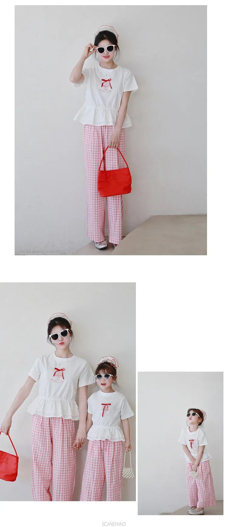 2025 Mother Daughter Matching Outfits Pink White Checkered Pants Tshirt Set Summer Casual Family Clothes Vacation Suits Mom