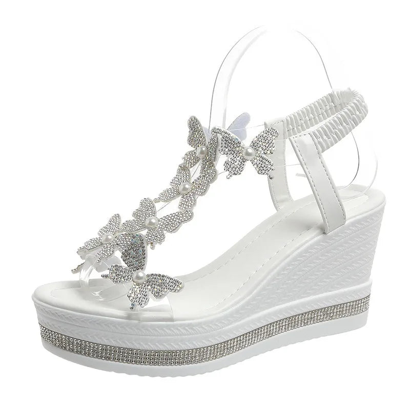 2025 new wedge sandals butterfly pearl decoration word with diamond