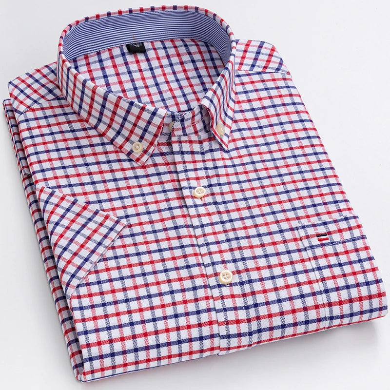 2026 100% Pure Cotton Men's Oxford Short Sleeve Square Collar Soild Plaid Striped Summer Casual Shirts Single Pocket  Shirt