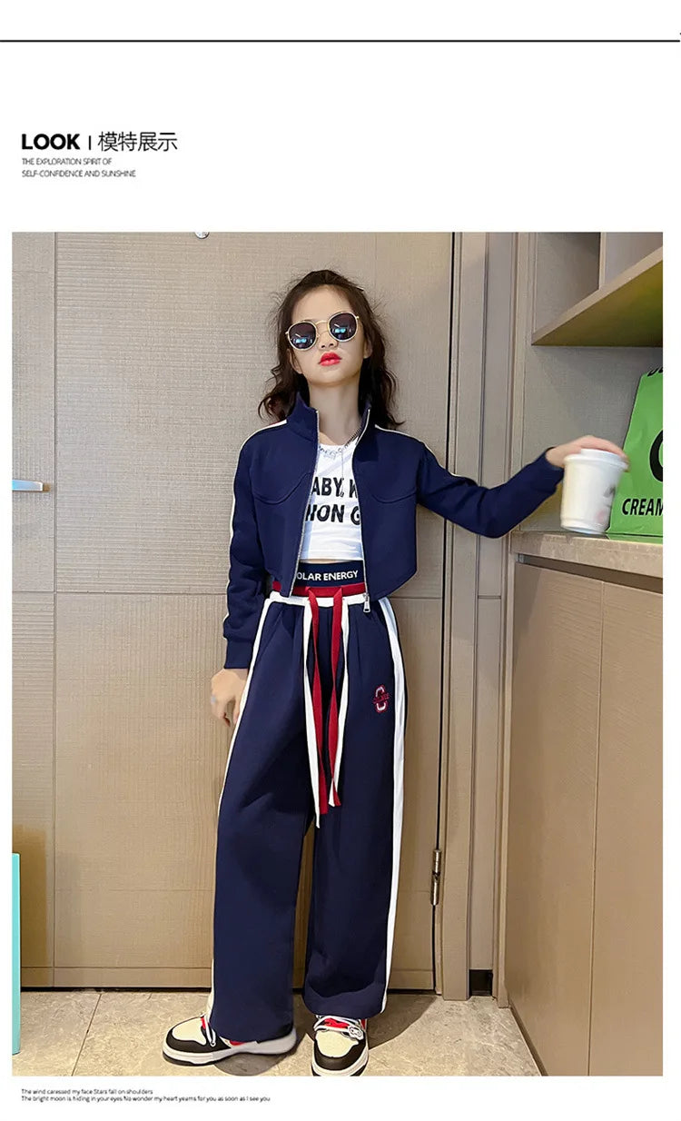 Childrens teenager girls Clothing Set Casual Sportwear Striped Short Top+Wide leg Pant 2pcs Girls Elastic Waist Trousers 4-15