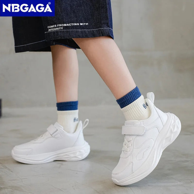 Kids White Leather Sneakers Lightweight Non-slip Casual Running Shoes for School Student Walking Outdoor Children Tennis