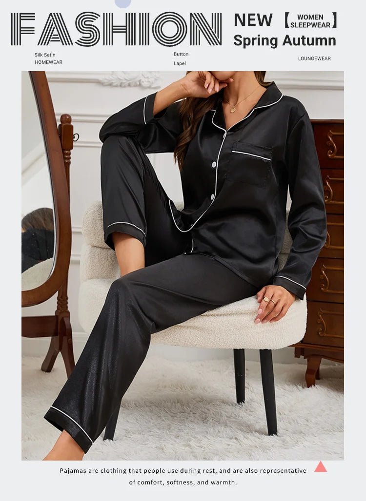 Women Satin Pajamas Autumn Long Sleeve Buttons Lapel Top & Pants Sleepwear 2 Piece Button-Down Pj Set Homewear Cozy Lounge Set