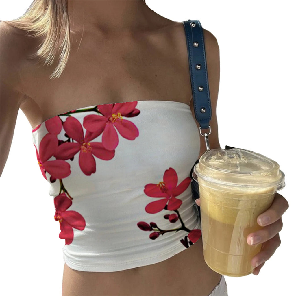 Women s Floral Print Tube Tops Summer Strapless Bandeau Tops  Fit Shirts Streetwear