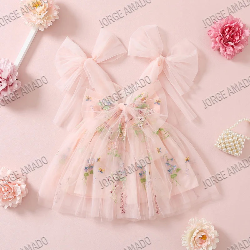 2026 Easter Kids Dress Girl Summer Dress Floral Bow Sleeveless Dance Performance Dress Girls Clothes E1236