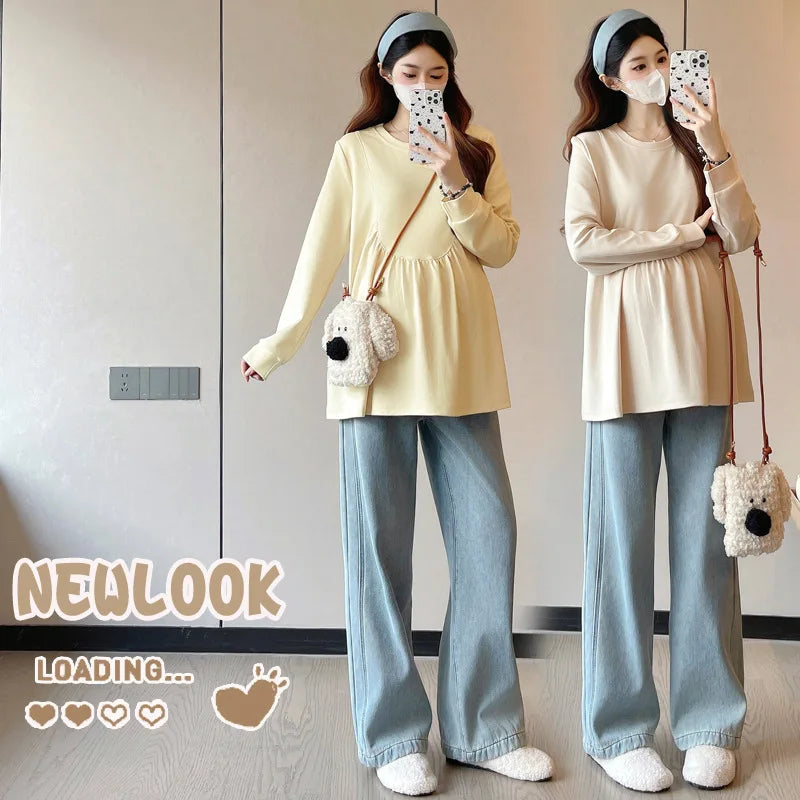 Maternity Sweatshirt Spring Autumn Simple Casual Cute Loose Slim Comfortable Round Neck Long Sleeve Sweatshirt For Pregnancy