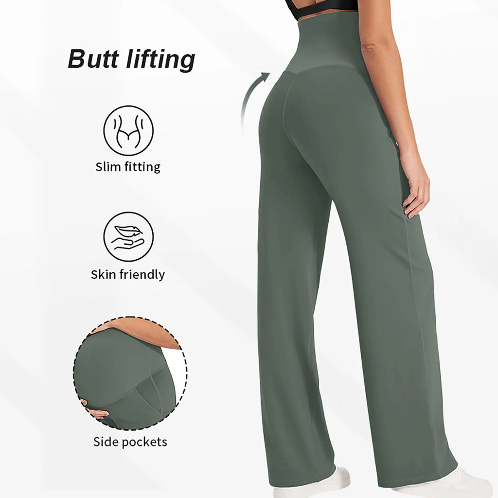 Maternity Pants Over The Belly Yoga Dress Elastic Waistband Stretchy Wide Leg Work Pregnancy Trousers with Pockets Sportswear