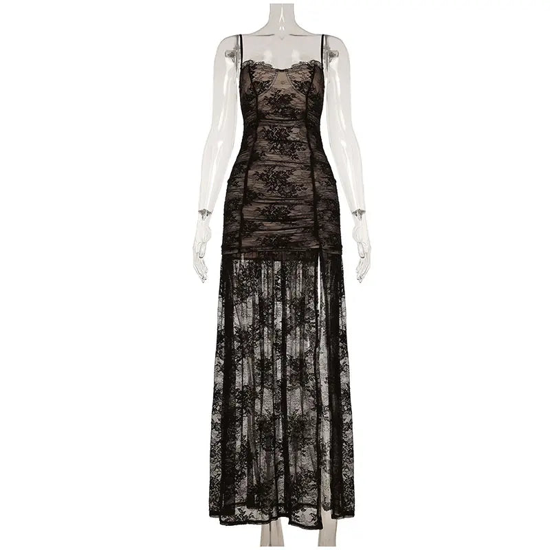 Sexy Lace Spaghetti Strap Dress Women Sleeveless Backless See Through Slim Split Long Dresses 2026 Spring Holiday Lady Robes