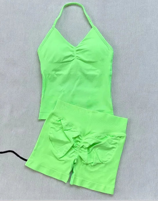 Workout Set 2 Pieces Sports Set Women Backless Tank Tops High Waist Scrunch Seamless Shorts Sport Suit Gym Set Sportswear