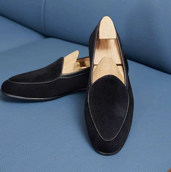 Black Casual Low-Heel Men's Genuine Leather Flat Shoes Korean Style Slip-On Loafers Fashionable Black Business Shoes round Toe