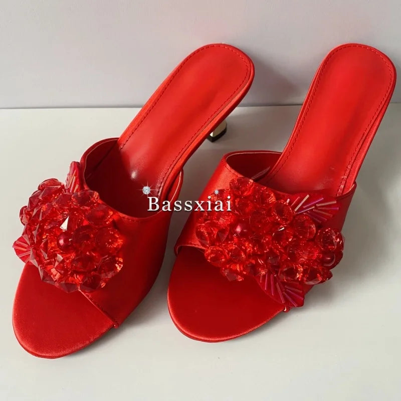 Red Silk Slingback Sandals with Unique Beaded Sequin Flower Design Strange Heel Summer Mules for Women
