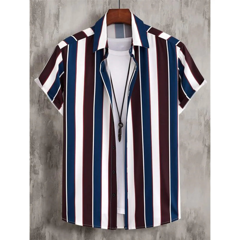 2025 Male Clothes Simple Stripes 3d Hawaiian Shirt Men Clothes Loose Breathable Men's Shirts Summer Male Shirts Short Sleeve