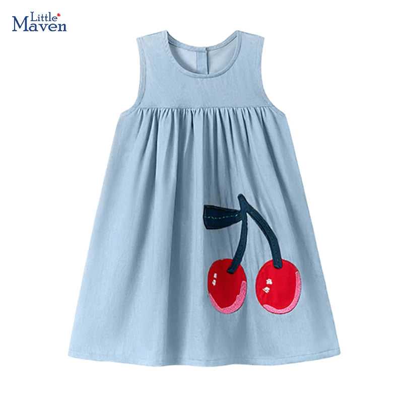 Little maven Children's Clothing Baby Girls 2026 Summer Cartoon Casual Cherry Denim Dresses Kids Clothes Holiday Gifts