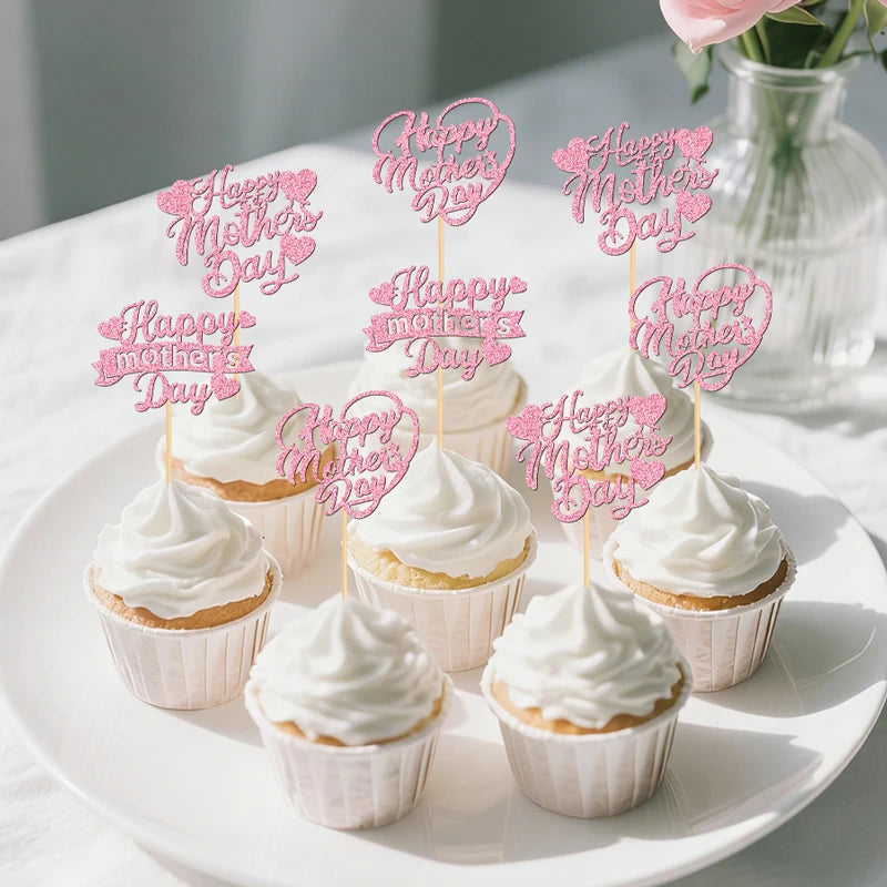 YOMDID 24Pcs Happy Mother's Day Cupcake Toppers Glitter Happy Mother's Day Heart Cake Toppers Cake Decorations for Mothers Day