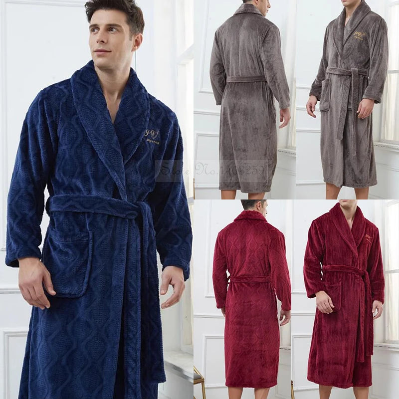 Plus Size 3XL 4XL Men Flannel Robe Winter Thickened Sleepwear Kimono Bathrobe Gown Warm Coral Fleece Loose Home Wear Nighwtear