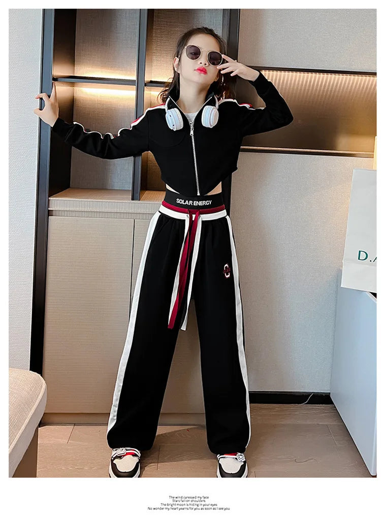 Childrens teenager girls Clothing Set Casual Sportwear Striped Short Top+Wide leg Pant 2pcs Girls Elastic Waist Trousers 4-15