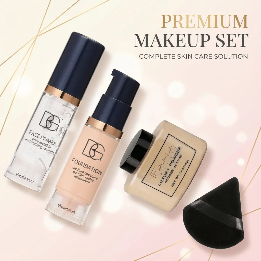Marie Set de Maquillaje Facial de 4 Piezas — Primer Suavizante, Base Mate, Polvo Fijador con Borla, Paquete Impermeable de Larga Duración**