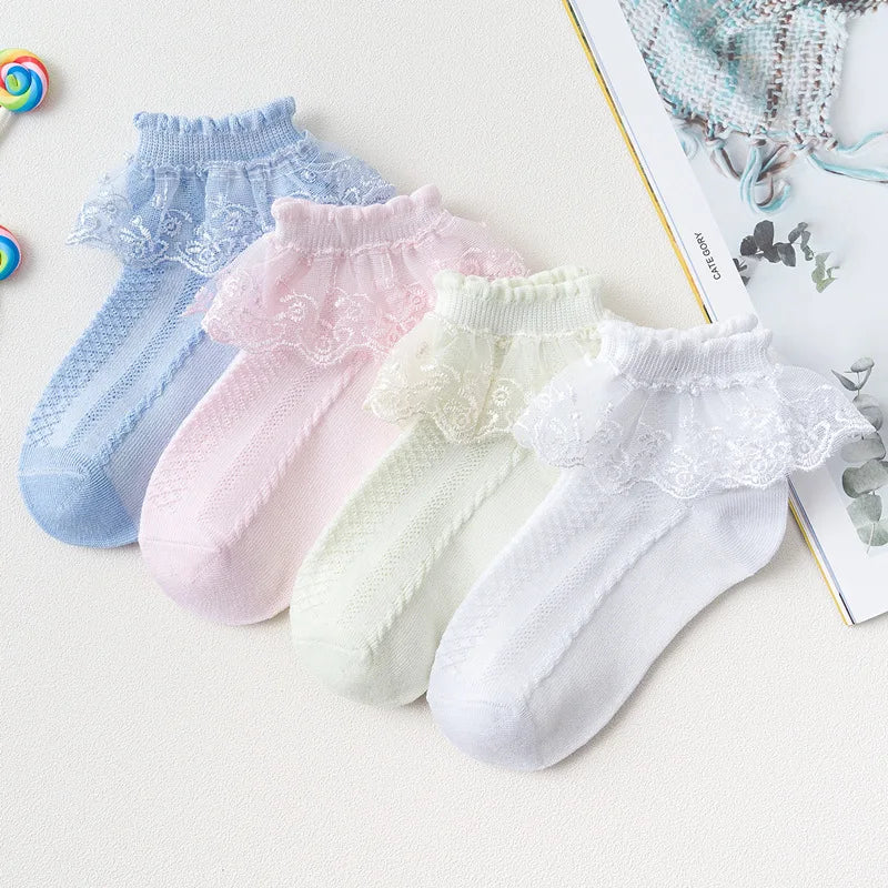 4Pairs Baby Girls Lace Socks Spring Summer Ruffle Princess Mesh Children Ankle Short Breathable Cotton Toddler Kids Socken 1-6Y