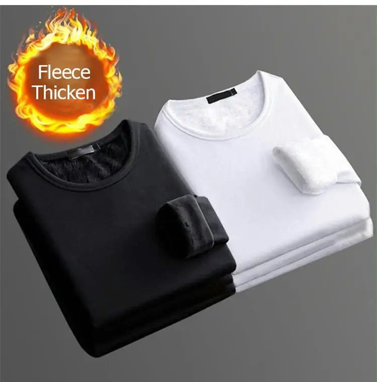 Epligg 1PCS Men's Long-sleeved Winter Thermal Underwear Plus Velvet Padded T-shirt Slim Solid Color O-Neck Bottoming Shirt